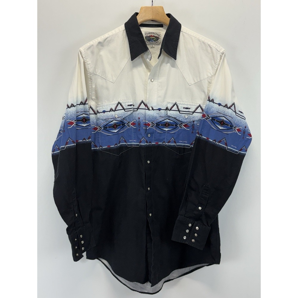 Vtg Cumberland Outfitters Pearl Snap Shirt Men's Large Western Yoke Aztec Black